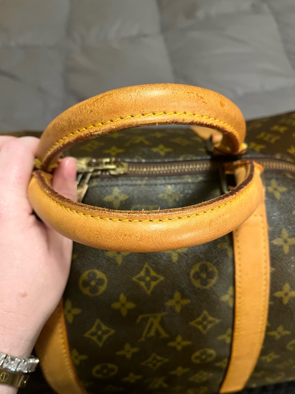 Louis Vuitton Brown Monogram Keepall Duffel Bag with Tan Leather Trim - Picture 12 of 16
